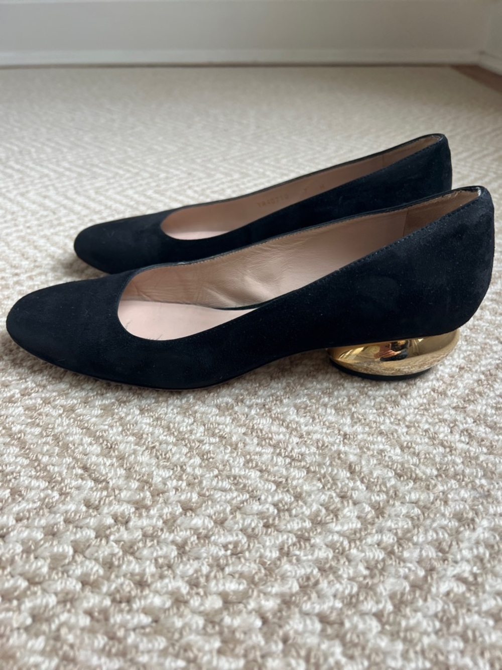 Stuart Weitzman Black Suede Pump with Gold Accent Heel
